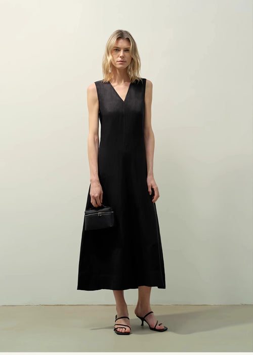 Lightweight and Zero-Pressure Cupro Linen Textured Anti-Wrinkle V-Neck Sleeveless A-Line Dress