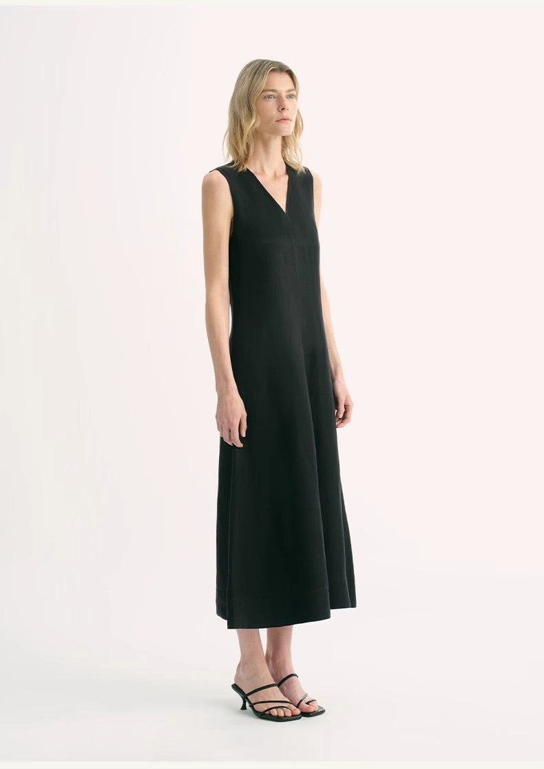 Lightweight and Zero-Pressure Cupro Linen Textured Anti-Wrinkle V-Neck Sleeveless A-Line Dress