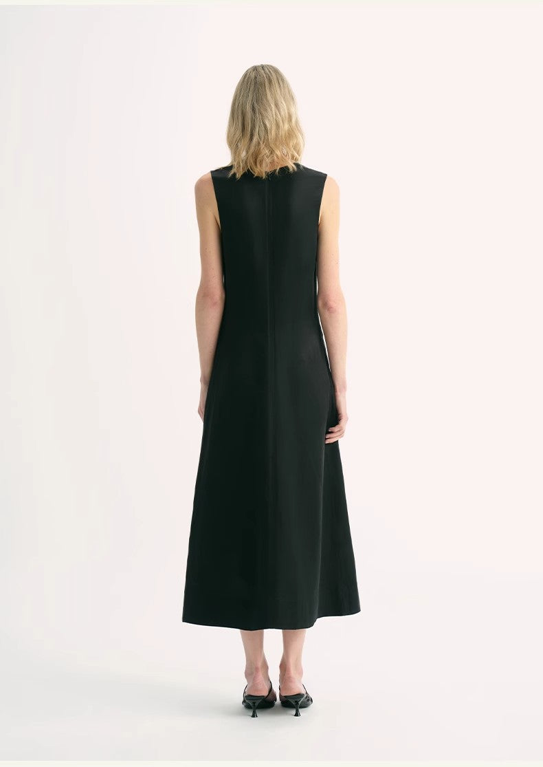 Lightweight and Zero-Pressure Cupro Linen Textured Anti-Wrinkle V-Neck Sleeveless A-Line Dress