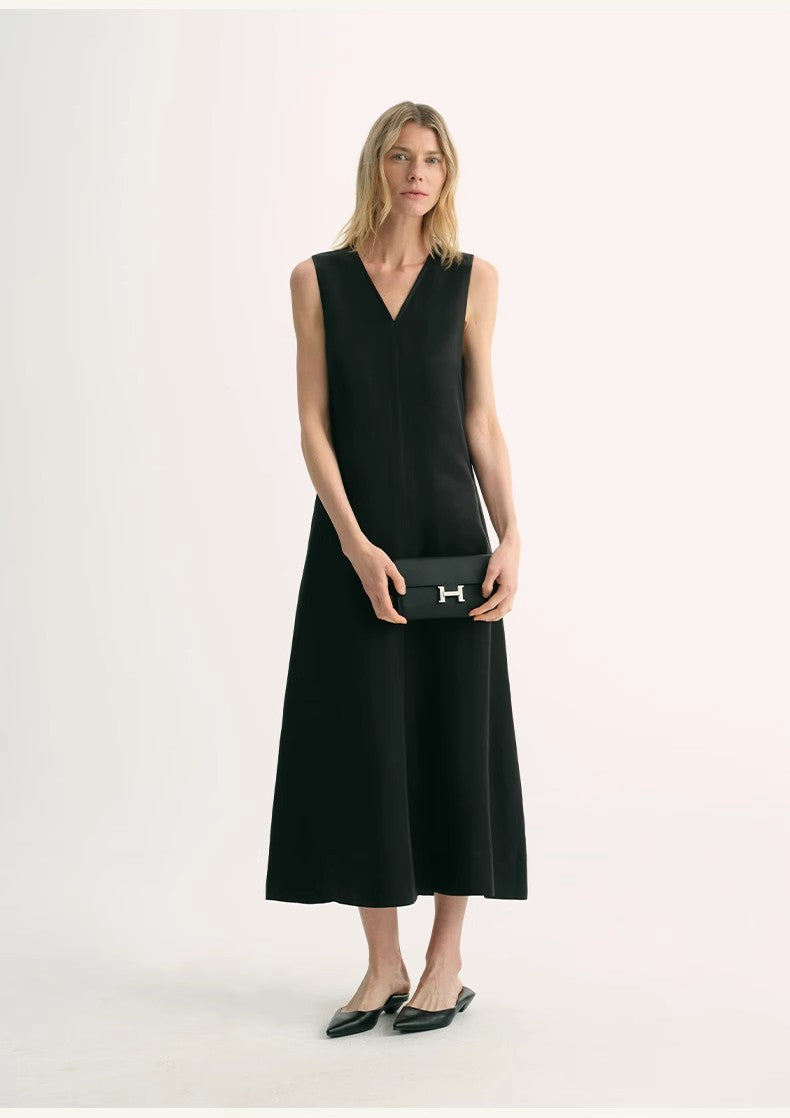 Lightweight and Zero-Pressure Cupro Linen Textured Anti-Wrinkle V-Neck Sleeveless A-Line Dress