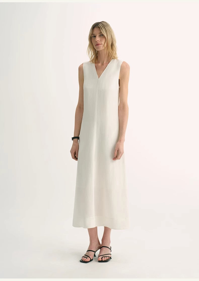Lightweight and Zero-Pressure Cupro Linen Textured Anti-Wrinkle V-Neck Sleeveless A-Line Dress