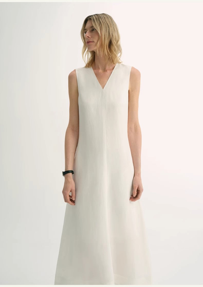 Lightweight and Zero-Pressure Cupro Linen Textured Anti-Wrinkle V-Neck Sleeveless A-Line Dress