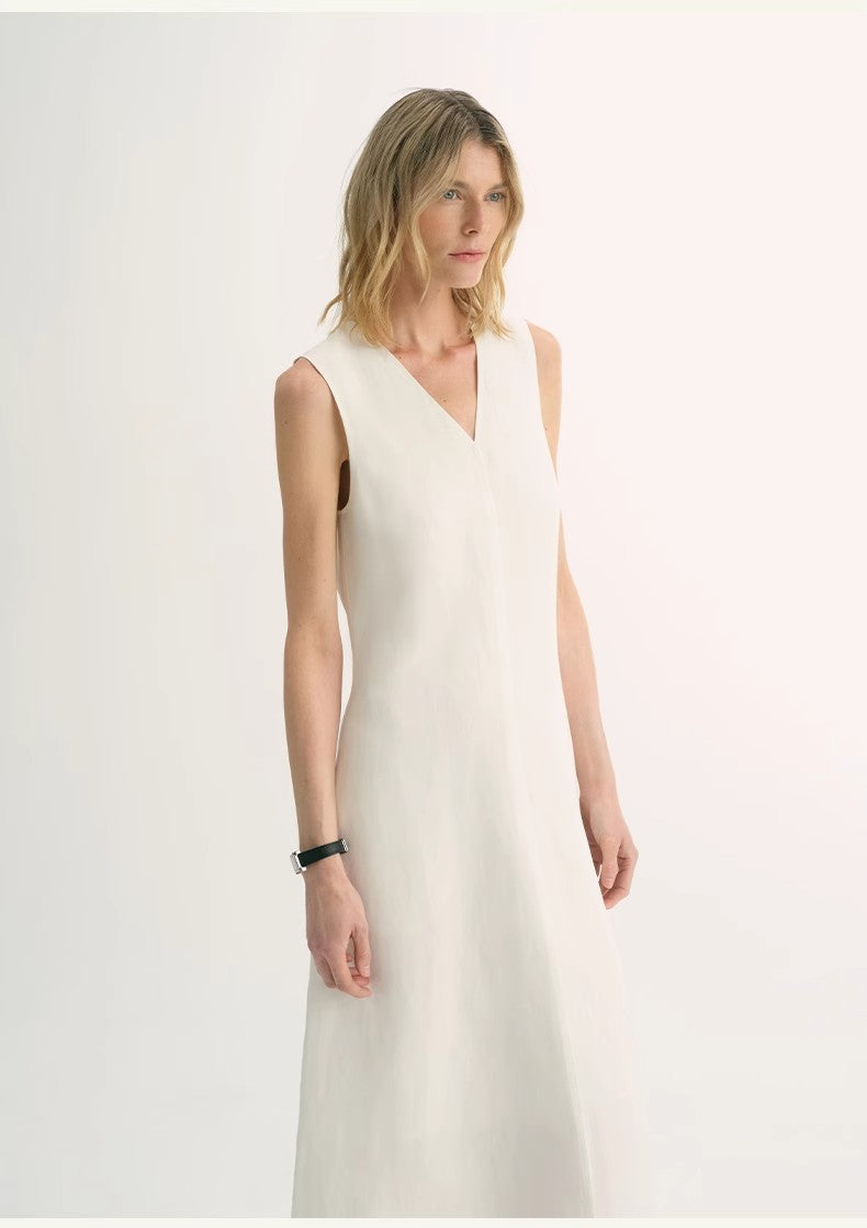 Lightweight and Zero-Pressure Cupro Linen Textured Anti-Wrinkle V-Neck Sleeveless A-Line Dress