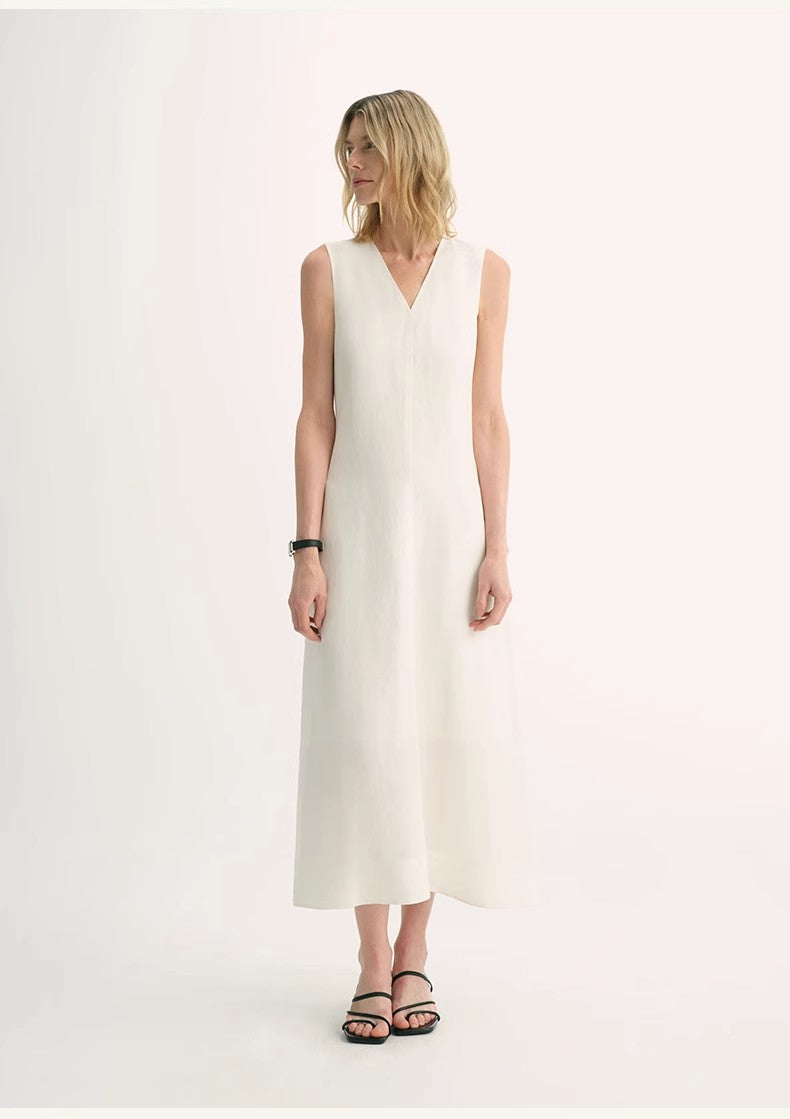Lightweight and Zero-Pressure Cupro Linen Textured Anti-Wrinkle V-Neck Sleeveless A-Line Dress