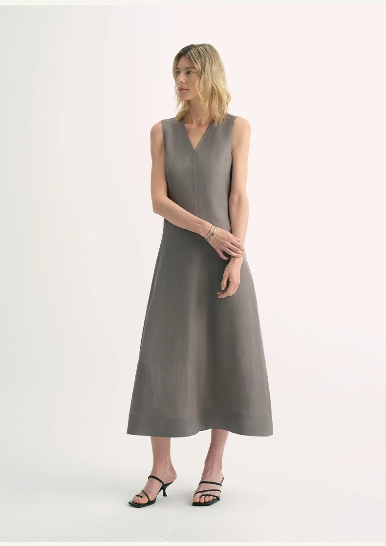 Lightweight and Zero-Pressure Cupro Linen Textured Anti-Wrinkle V-Neck Sleeveless A-Line Dress