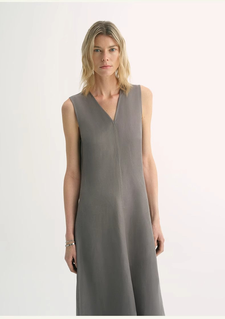 Lightweight and Zero-Pressure Cupro Linen Textured Anti-Wrinkle V-Neck Sleeveless A-Line Dress
